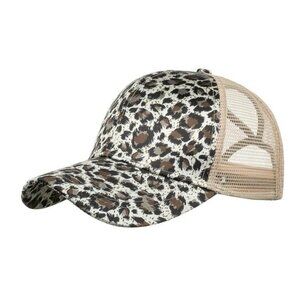 Tan & Brown Leopard Print Baseball Cap Snap-Back Ponytail Hat
